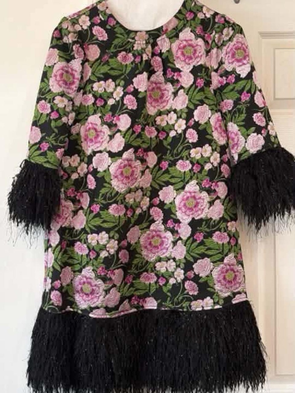 Women’s Floral Party Dress with Feather Trim - Pink on Black